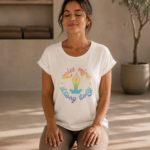 Soospiry Design camiseta mujer ecologica yoga quiet mind strong body arcoíris