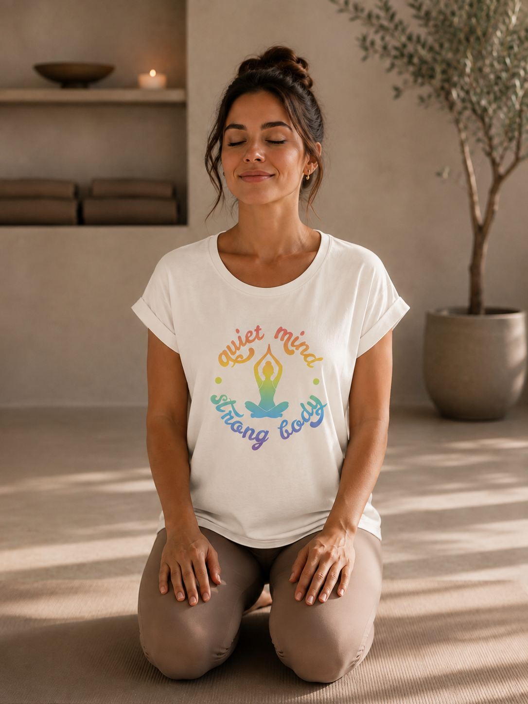 Soospiry Design camiseta mujer ecologica yoga quiet mind strong body arcoíris