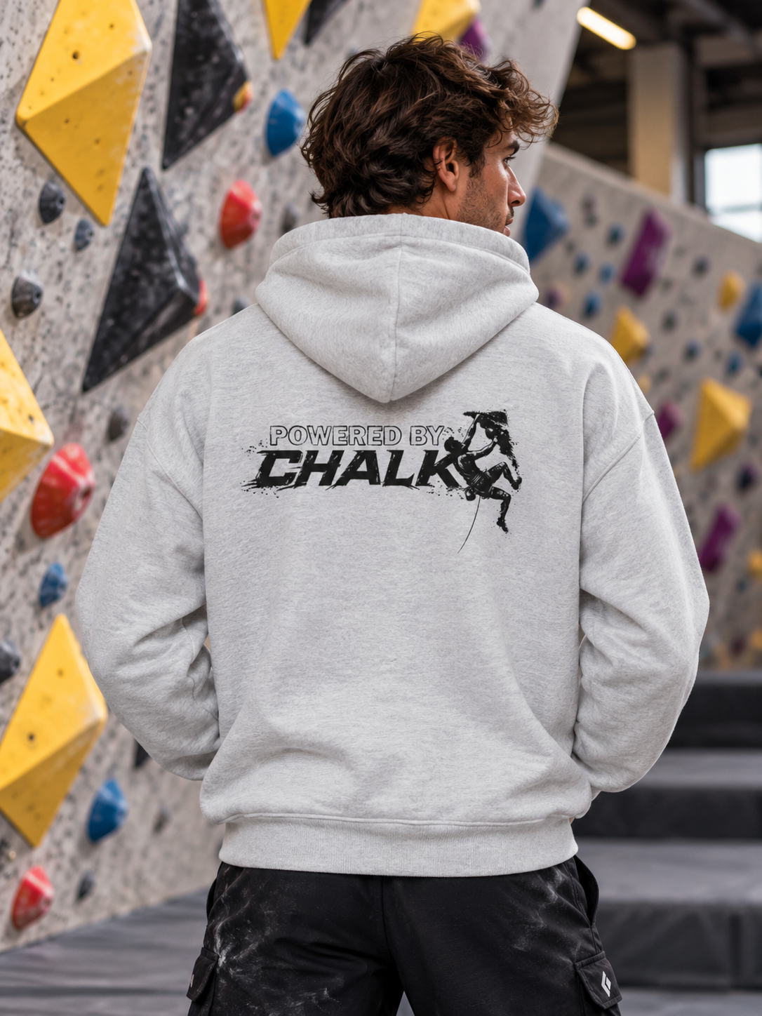 Soospiry Design Hoodie de escalada color ceniza Powered by Chalk para entrenar en el rocódromo