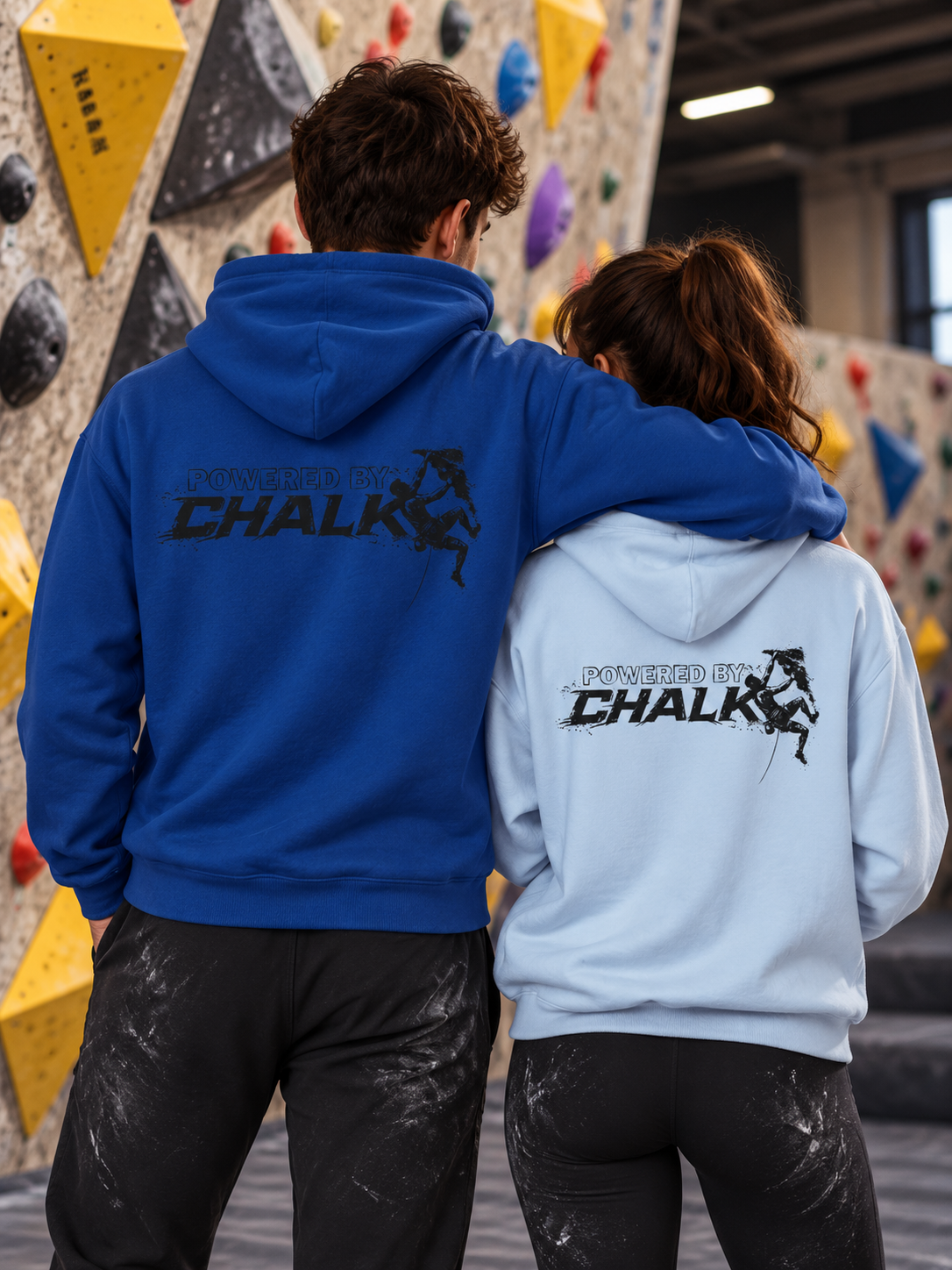 Soospiry Design Sudadera azul claro Powered by Chalk con diseño divertido para escaladores