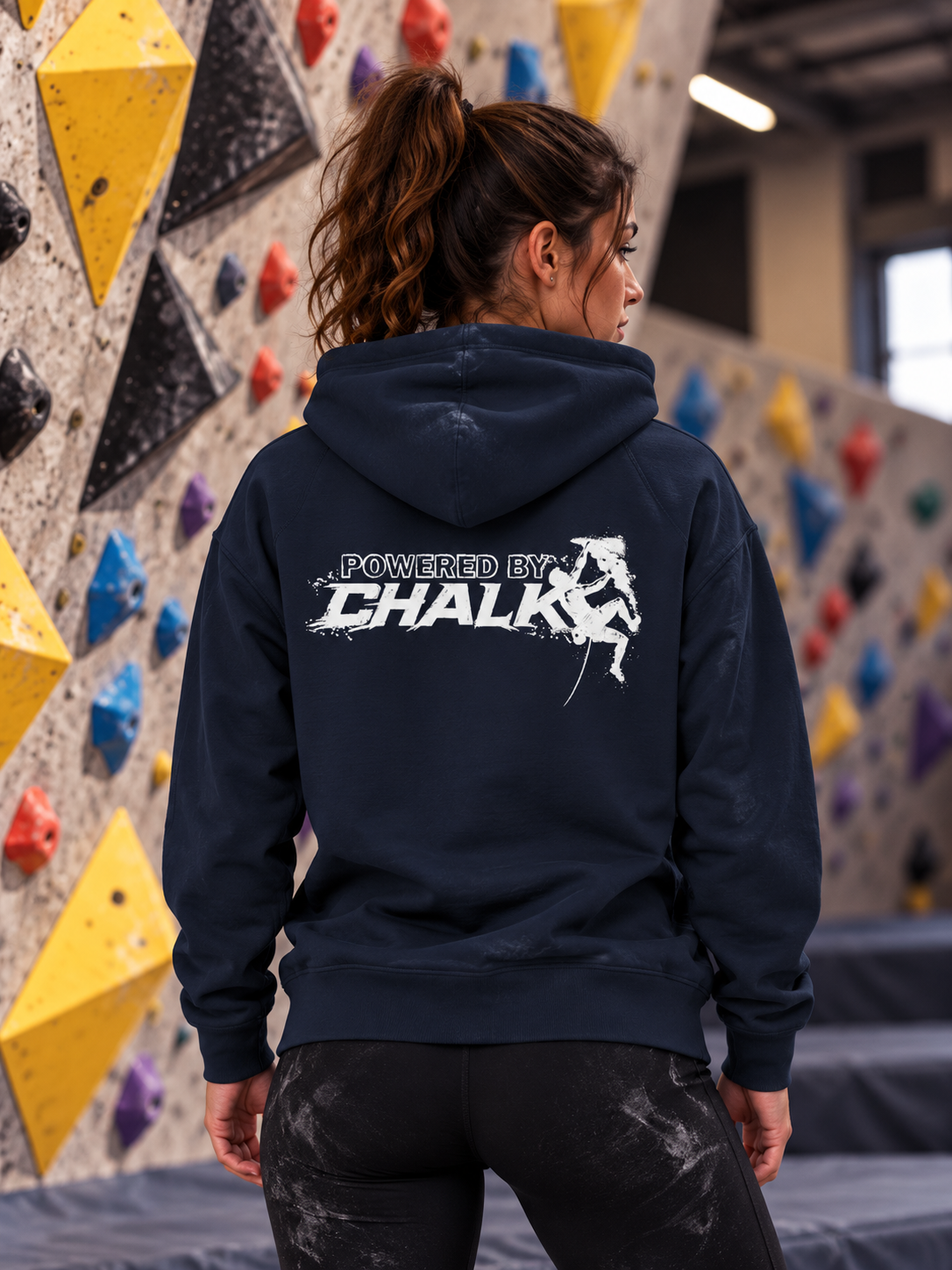 Soospiry Design Sudadera azul navy Powered by Chalk, hoodie unisex para amantes de la escalada