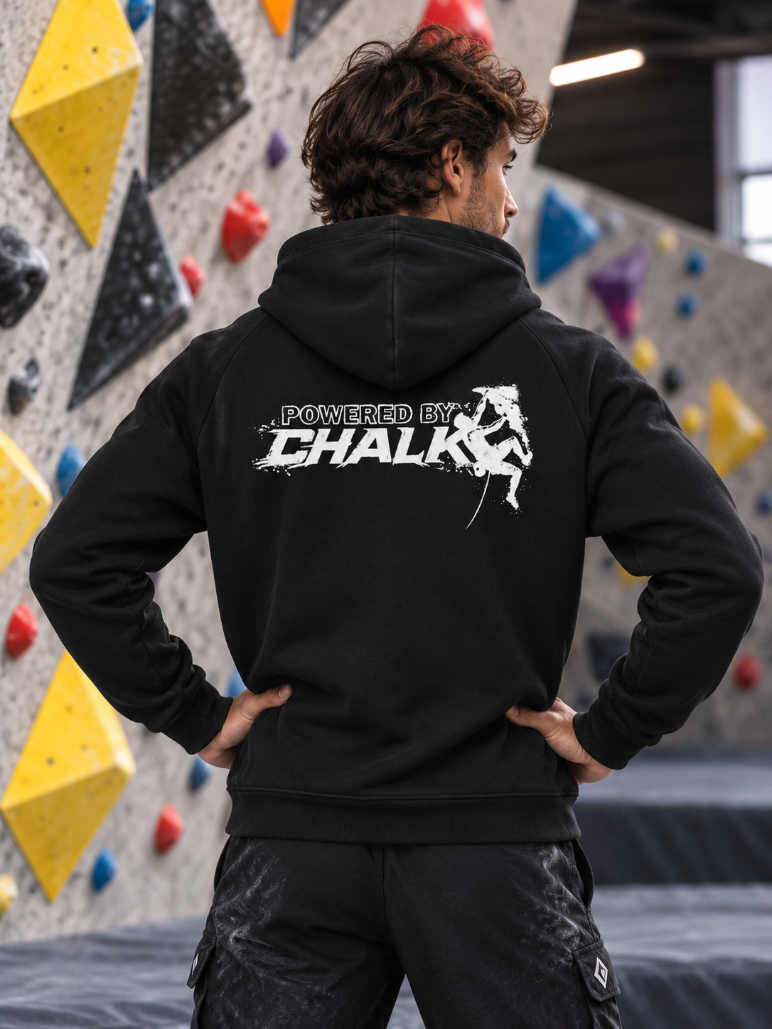 Soospiry Design Sudadera con capucha negra Powered by Chalk para escalada y boulder