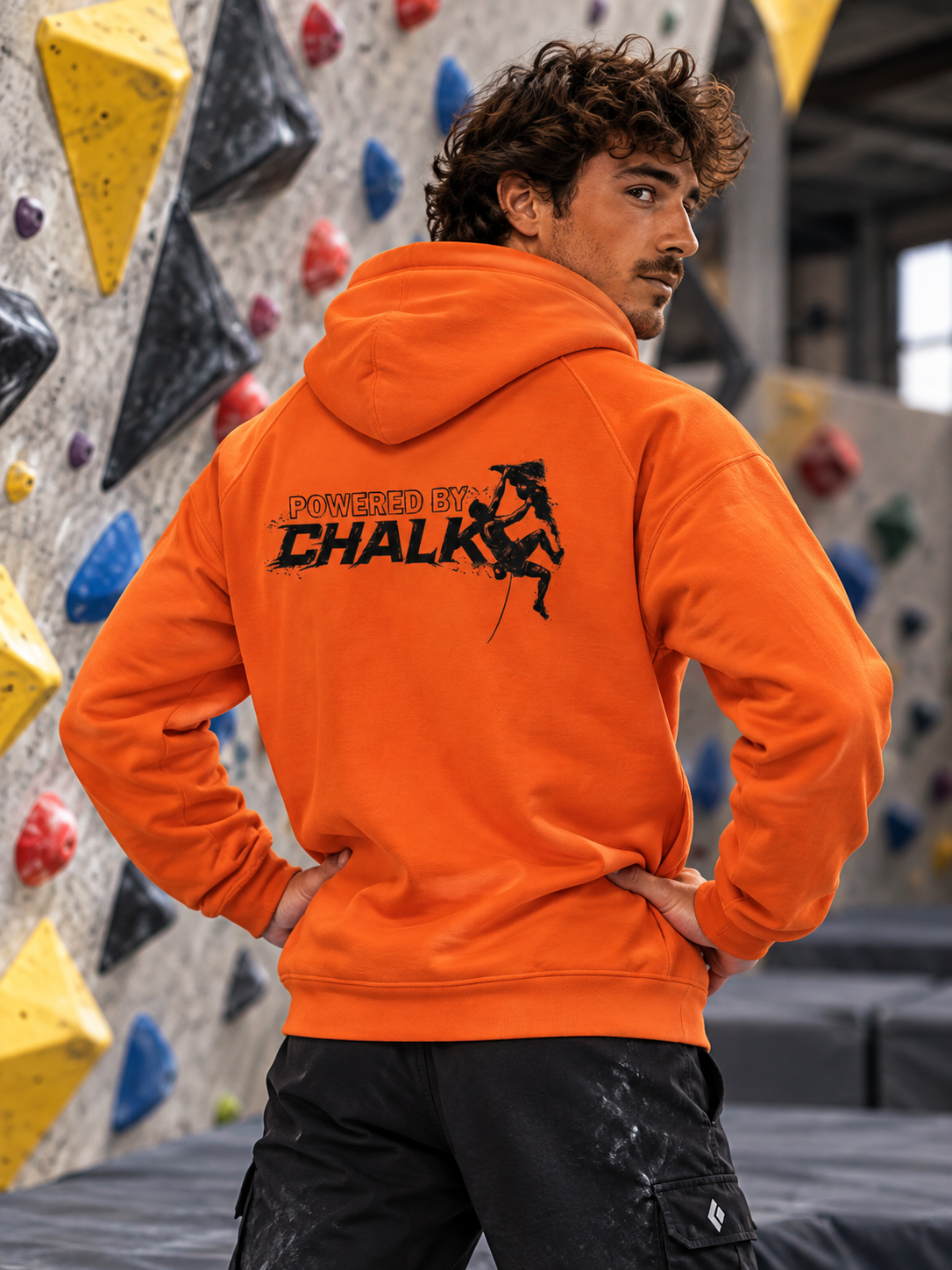 Soospiry Design Sudadera naranja Powered by Chalk para escaladores y amantes del rocódromo