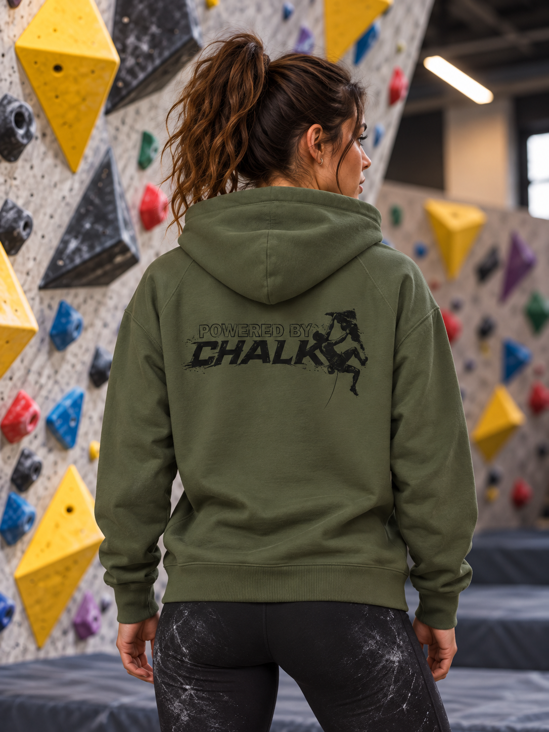 Soospiry Design Sudadera verde militar con capucha Powered by Chalk para escaladores
