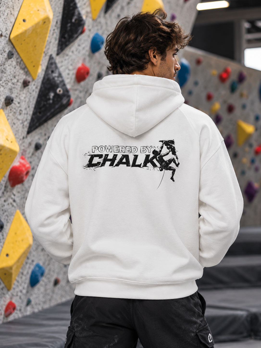 Soospiry Design Sudadera de escalada blanca Powered by Chalk con capucha y bolsillo canguro