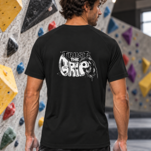 Soospiry design Camiseta técnica boulder Trust the Grip roja con mensaje divertido en la espalda