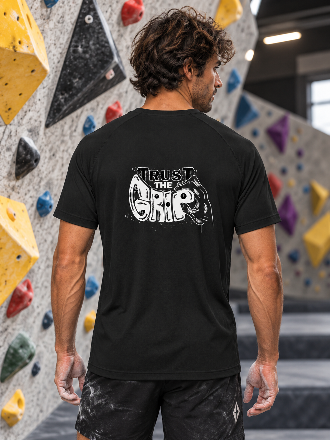 Soospiry design Camiseta técnica boulder Trust the Grip roja con mensaje divertido en la espalda