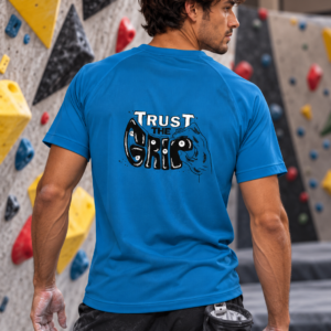 Soospiry Design Camiseta técnica escalada azul Trust the Grip de poliéster reciclado