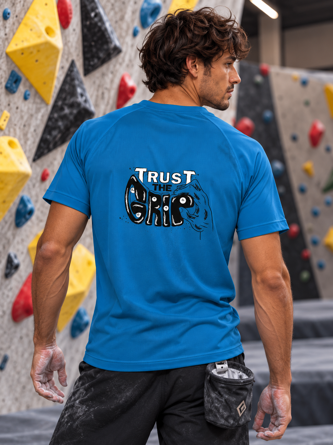 Soospiry Design Camiseta técnica escalada azul Trust the Grip de poliéster reciclado