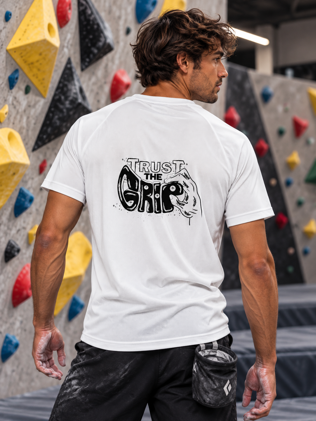 Soospiry Design Camiseta técnica escalada blanca Trust the Grip para entrenamientos en rocódromo